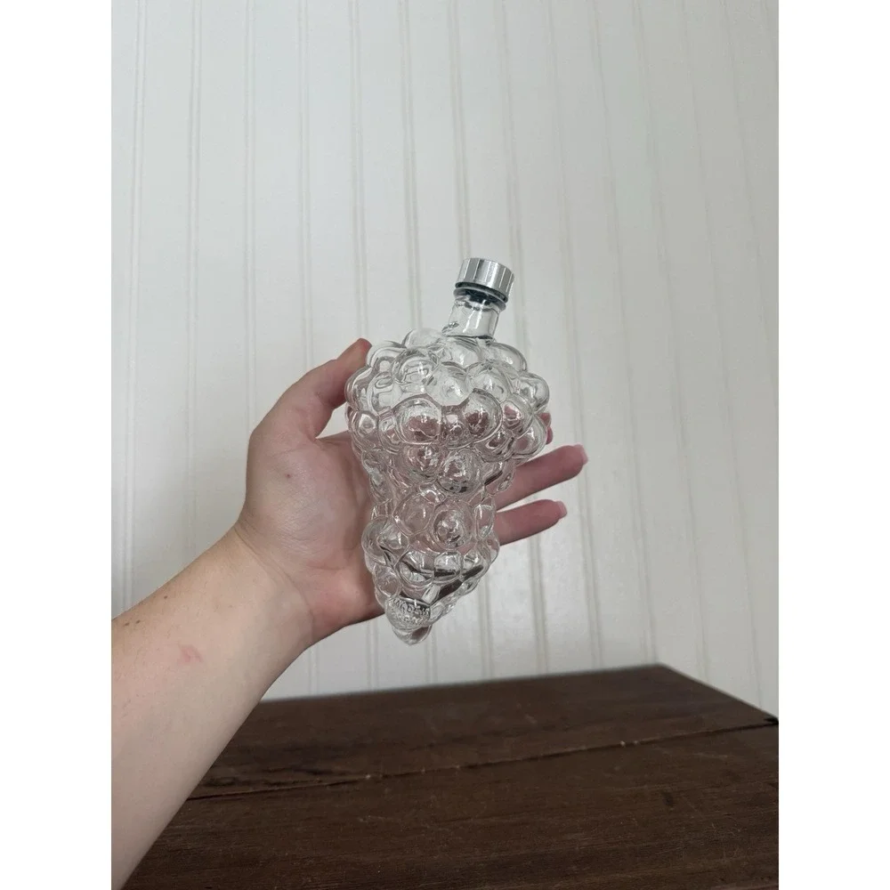 Vintage Clear Glass Grape Cluster Decanter w/ Silver Cap Stopper